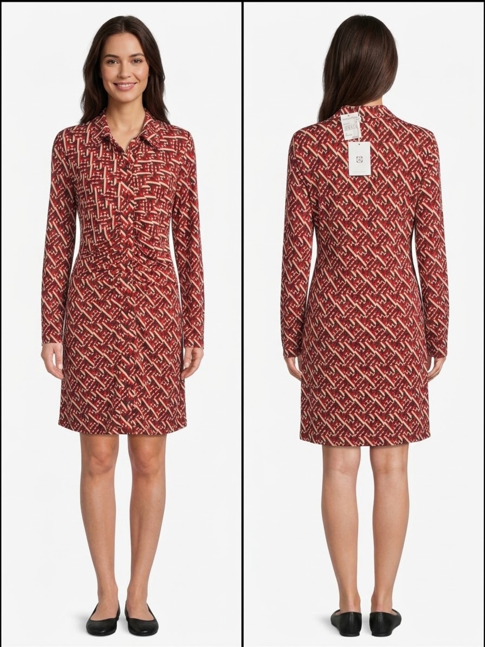Wayf Burgundy Geo Print Long-Sleeve Shirt Dress